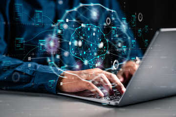 technology, neural, business, processor, network, link, system, intelligence, innovation, artificial intelligence. typing keyboard to training artificial intelligence. neural tech and link network.