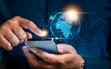 technology, business, finance, exchange, investments, investment, economy, financial, analysis, indicator. touching smartphone to exchange to investment financial business. trading technology invest.