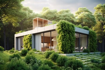 Fototapeta na wymiar Eco - friendly house with a modern design and a strong emphasis on sustainability. 3D render. Generative AI