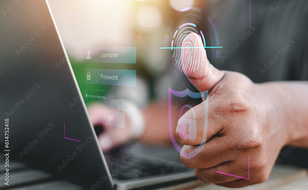 Poster futuristic digital processing of biometric identification fingerprint scanner for access personal fi