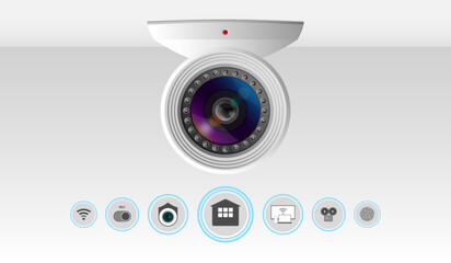 Video surveillance system, Infographic of CCTV anti crime and theft, Gadgets technology, Mock-up front view, Personal security monitoring system and Internet protocol camera inside the buildings.