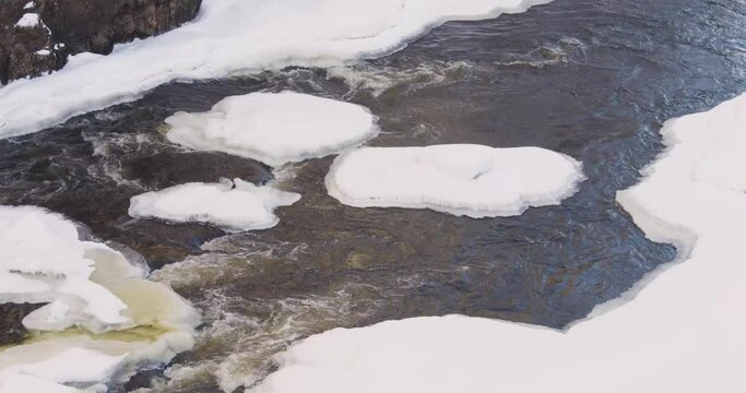 Winter in Finland; close up of the half frozen Patoniva river in Oulanka National Park