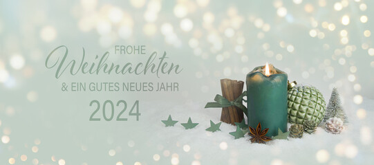 Christmas greeting card with German text Frohe Weihnachten und ein gutes neues Jahr 2024 - xmas...