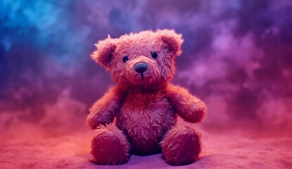 Illustration of a cute teddy bear against a vibrant purple and blue backdrop created with Generative AI technology