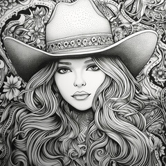 Zentangle Cowgirl.  Generative AI.
A digital illustration of a modern cowgirl in the zentangle doodle style.