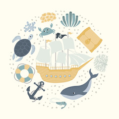Vector ocean illustration with ship,whale,treasure chest,turtle,anchor,lifebuoy,crab, shrimp, coral.Underwater marine animals.Ecology design for banner,flyer,postcard, website design,t-shirt,poster