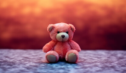 Illustration of a cute pink teddy bear perched on a table created with Generative AI technology