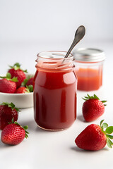 Homemade strawberry preserves or jam in a glass jar surrounded by fresh organic strawberries. AI generated
