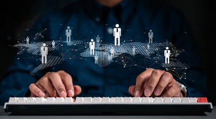 technology, business, resource, management, recruitment, social, team, human, manager, organization. typing keyboard to management organization human resource. social network and human communication.