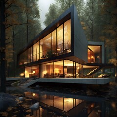 Fototapeta premium modern architecture house in the middle of the forest. Generative AI.