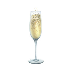 Glass goblet with champagne and bubbles, white sparkling wine. Hand drawn watercolor illustration. Isolated object on a white background.