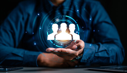 hr, human resources, technology, business, recruitment, leadership, recruit, management, recruiter, candidate. businessman hold to leadership management. human resources social network communication.