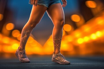 Beautiful woman wearing vibrant short shorts walking flexing legs, fitness muscle body thick legs, beautiful setting, ultra sharp Intricate fine details, professional photography render Generative AI