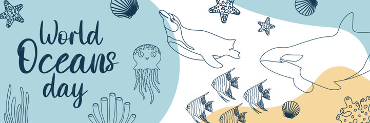 Vector ocean illustration with killer whale,jellyfish,penguin,scalaria,corals. Worlg oceans day - modern lettering.Underwater marine animals.Ecology design for banner,flyer,postcard, website,poster © Оксана Омельченко