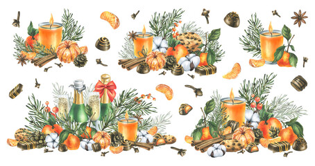 Obraz na płótnie Canvas Christmas decor with tangerines, champagne. sweets and pine branches. Watercolor illustration, hand drawn for congratulations and holiday.. A set isolated compositions on a white background