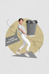 Collage artwork image of tired office worker girl drinking coffee early morning need break relax...