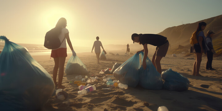 sustainable education community service young children teenagers volunteering and participating in environmentally friendly educational work picking up cleaning plastic on beach. generative ai