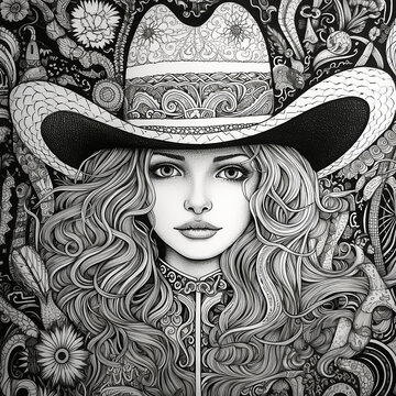 Zentangle Cowgirl.  Generative AI.
A digital illustration of a modern cowgirl in the zentangle doodle style.