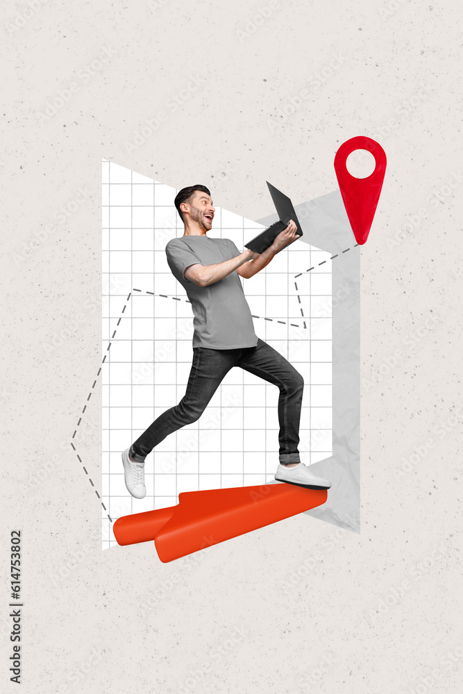Poster Poster image creative pinup pop 3d collage of funky cheerful man running using netbook writing sms message chatting office colleagues