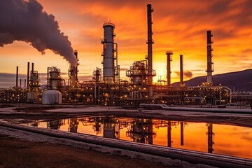Obraz premium The industrial landscape of an oil refinery plant in the petrochemical industry. Generative AI