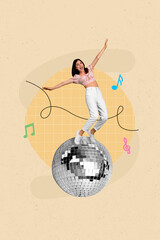 Picture 3d collage artwork poster of cheerful lovely lady stand big discoball dancing listening...