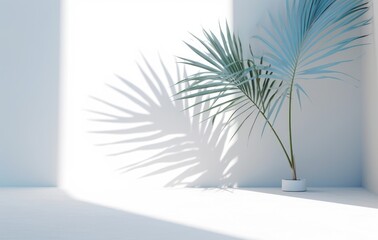 Fototapeta na wymiar Light blue wall with shade and plant on the floor in a vase
