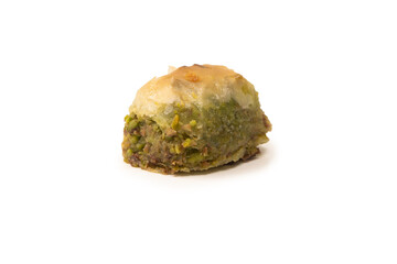 Turkish pistachio baklava isolated on white background.