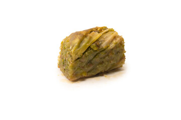 Turkish pistachio baklava isolated on white background.