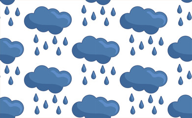 Seamless forest pattern with blue clouds and drops on white background in flat style. Vector wallpaper.