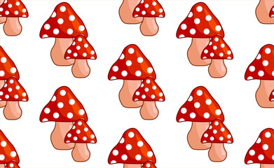 Seamless pattern with red mushrooms on white background in flat style. Vector illustration