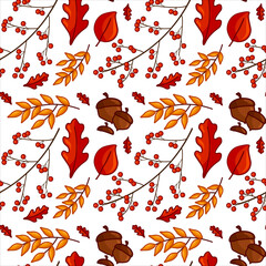 Seamless pattern with autumn leaves, acorns and rowans on white background in flat style. Vector illustration