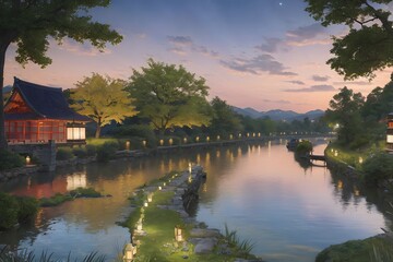 Obraz premium Twilight waterway in town. Generative AI.