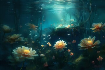 Fototapeta na wymiar Mystical underwater fantasy, where delicate white flowers bloom in ethereal darkness. Radiant light from above casts an enchanting glow. A captivating composition that merges mystery. Generated AI