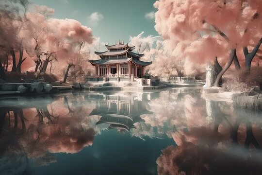 Vibrant infrared photography captures the beauty of a majestic palace, evoking dreamlike reflections. AI Generated.