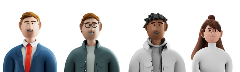 3D illustration of smiling people close up portraits set on white background.