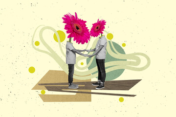 Collage image of two mini black white colors kids flowers instead head hold arms isolated on...