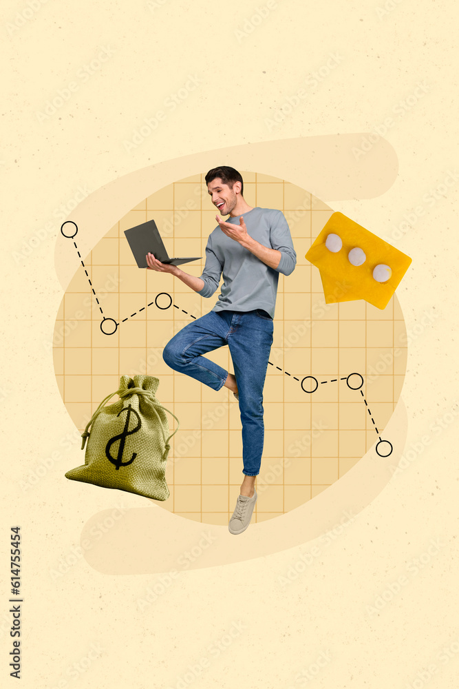Poster image collage artwork of satisfied cheerful successful man chatting colleagues discussing project is