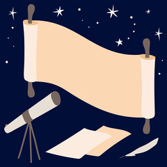 Unfolded papyrus with copy space, telescope, stars and feather pen with pages on dark blue background. Vector illustration.