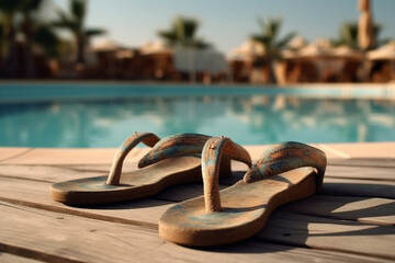 A pair of worn-out flip-flops lying on a wooden deck by the swimming pool, flat cinematic view Generative AI
