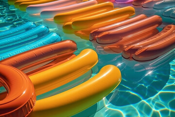 A stack of colorful inflatable tubes floating in a crystal-clear swimming pool, flat cinematic view Generative AI