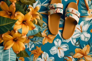 A vibrant tropical floral print beach towel and a pair of sandals, flat cinematic view Generative AI