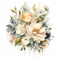 Fototapeta na wymiar Watercolor floral bridal bouquet illustration, Botanic illustration. Wedding stationary, greetings, wallpapers, fashion. Generative AI