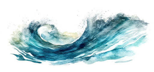 Ocean wave painted in watercolor, isolated on transparent white background - obrazy, fototapety, plakaty