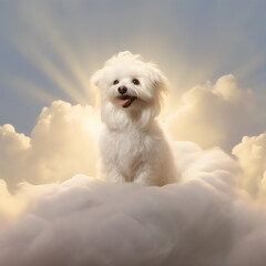 happy fluffy white dog sitting on a heavenly cloud, made with generative ai - obrazy, fototapety, plakaty