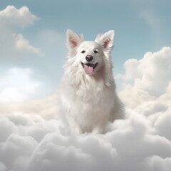 happy fluffy white dog sitting on a heavenly cloud, made with generative ai