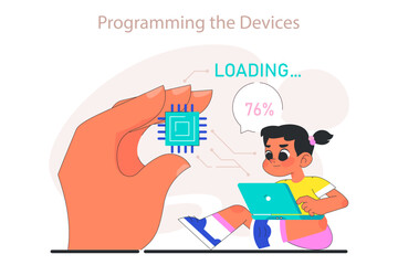 Little girl do programming. Computer science, AI, game technologies