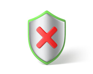 Obraz premium 3d render shield isolated on white background. Shield with red cross. NO or decline symbol. Security, protection and safety concept. Vector 3D Illustration