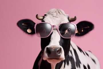 Funny Cow Wearing Sunglasses in Front of Pink Studio Background. Generative AI