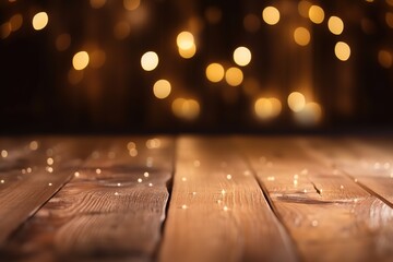 Fototapeta na wymiar Empty wooden surface against a backdrop of blurry night lights, bokeh effect. generative ai