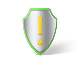 3d shield with exclamation mark. Protection warning illustration. Alert icon. Safety and insurance symbol. Vector 3D Illustration